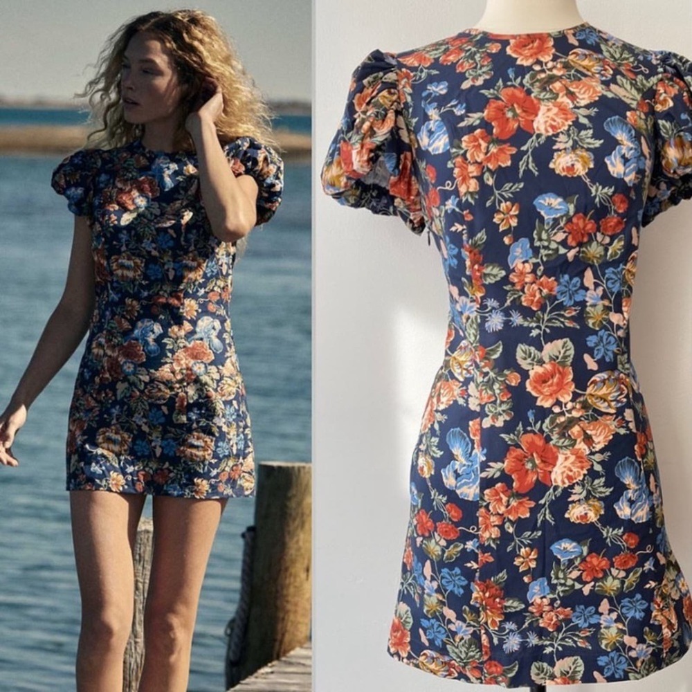 Doen Floral Puff Sleeve Dress - Blue and Red